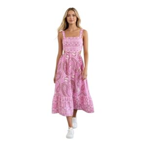 SO Juniors Women's M Pink Beach Paisley Smocked Cutout Boho Tiered Midi Sundress